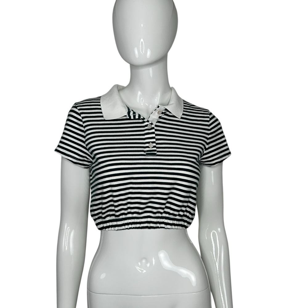Aerie Offline Top Women's Cropped Polo S Green White Academia Striped Bubble Hem - Picture 5 of 16